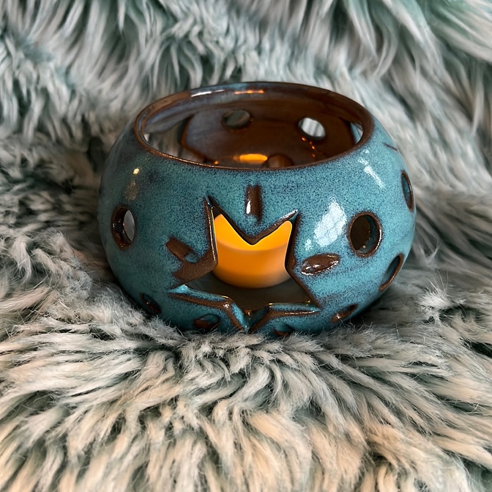 Rustic, Indoor or Outdoor, Pottery Candle Holder with Star Cut Outs🌟⭐️🌟